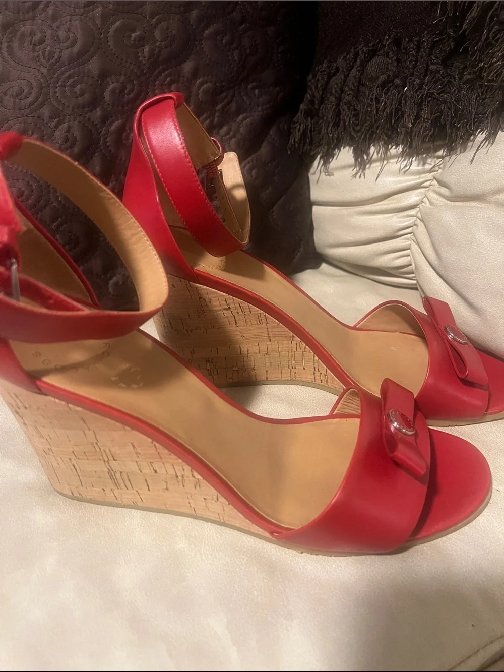 Marc Jacobs Red Leather Ankle-Strap Wedge Sandals with Bow Accent